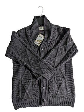 Aran Crafts Shaw Collar Button Cardigan Merino Wool Chunky Knit Fisherman Medium